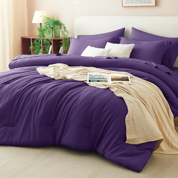 CozyLux King Size Comforter Set Purple, 7 Pieces Bed in a Bag King Comforter Set with Sheets, Luxury Soft Bedding Sets with Down Alternative Comforter, Fitted Sheet, Flat Sheet, Pillowcases & Shams
