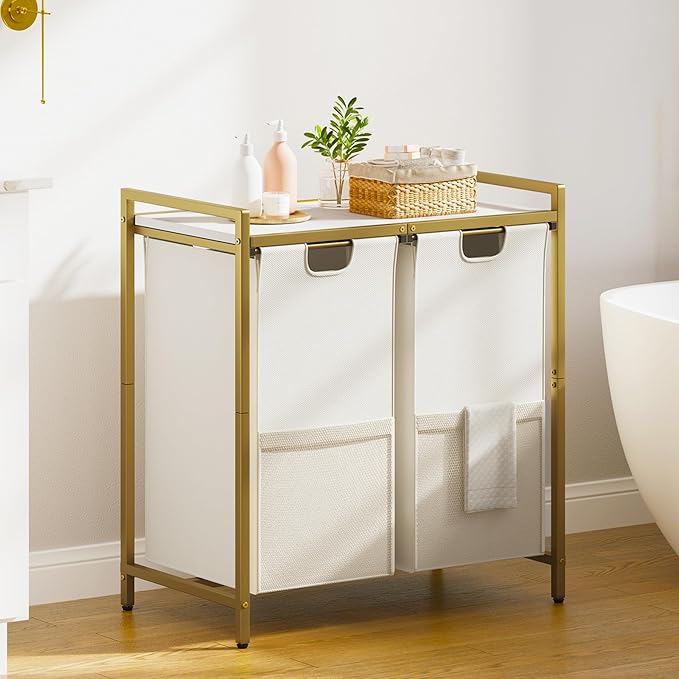 Huhote Laundry Hamper, double Laundry Basket, Laundry Sorter with Top Shelf & 2 Removable Washable Bags & Side Pockets for Laundry Room organization, Bathroom and Dorm, Gold and White by Huhote