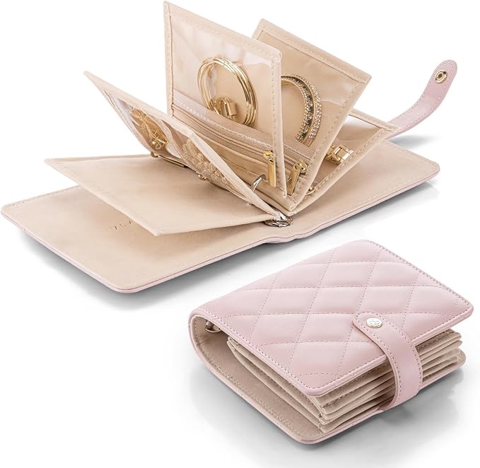 VLANDO Travel Jewelry Organizer Case,Travel Gifts for Women,Portable Jewelry Storage Book Ring Binder with Clear Zipper Velvet Jewelry Pouch Bag-Pink by VLANDO
