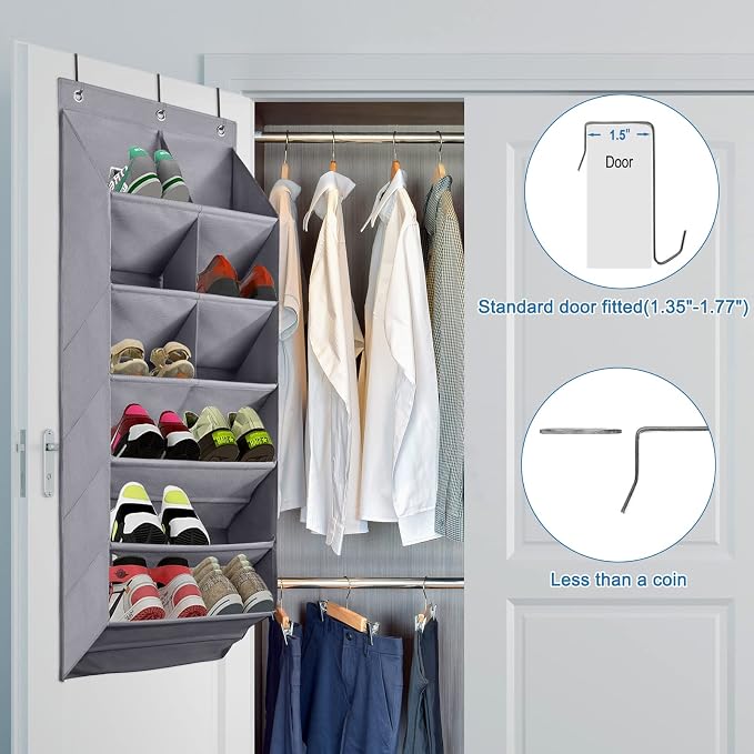 FENTEC 2 Pack Over the Door Shoe Organizer, Hanging Shoe Organizer, 6-Tier Large Deep Pockets Door Shoe Rack with 3 Hooks Shoe Organizer for Shoes, Sneakers, and Home Accessories, Grey - Image 7