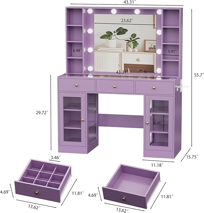 HUANLEGO Purple Vanity Desk with Mirror and Lights, Glass Top Vanity with Lighted Mirror & RGB Glass Cabinet and 3 Drawers, Makeup Desk with Lights Dressing Table for Bedroom, 3 Color Modes