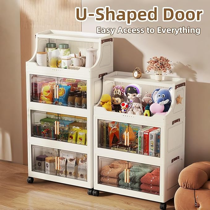217QT Stackable Storage Bins with Lids & Rack, 5 Tier Large Capacity Foldable Storage Cabinet, Clear Collapsible Pantry Organizer for Home, Kitchen, Bathroom, Dorm, Office, Clear