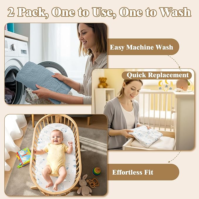 Basumee Muslin Bassinet Sheets for Baby Girl Boy 2 Pack Soft Breathable Baby Bedside Bassinet Fitted Sheets with Bottom Elastic Band Mattress Cover for Rectangle Oval Hourglass Bassinets
