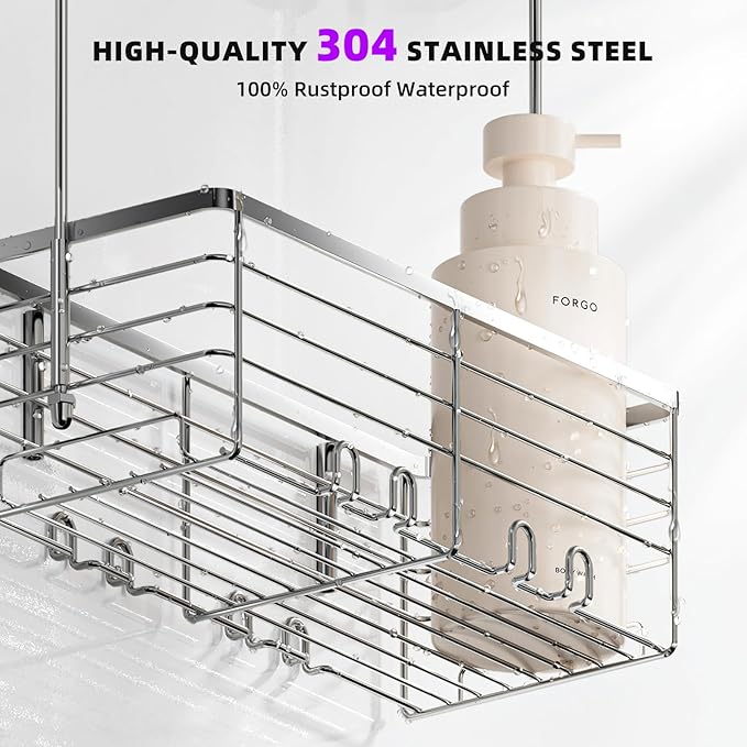 SHANSHUI Shower Hanging Caddy, Bathroom Shower Organizer Basket, Shampoo Bracket, Over Door Showers Rack with Hooks, 304 Stainless Steel Rustproof - Image 4