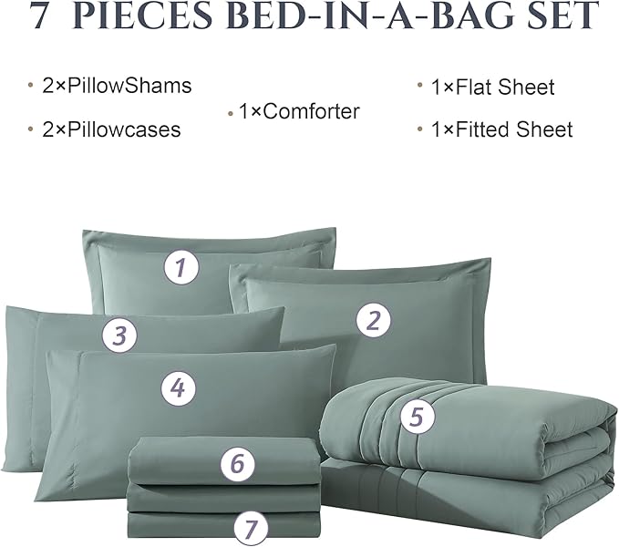 Monbix Super King Plus Size Comforter Set - 7 Pieces Sage Green Bed in a Bag Super King Plus Bedding Sets with Comforters, All Seasons Comforter Bed Set with Sheets,Pillowcases & Shams