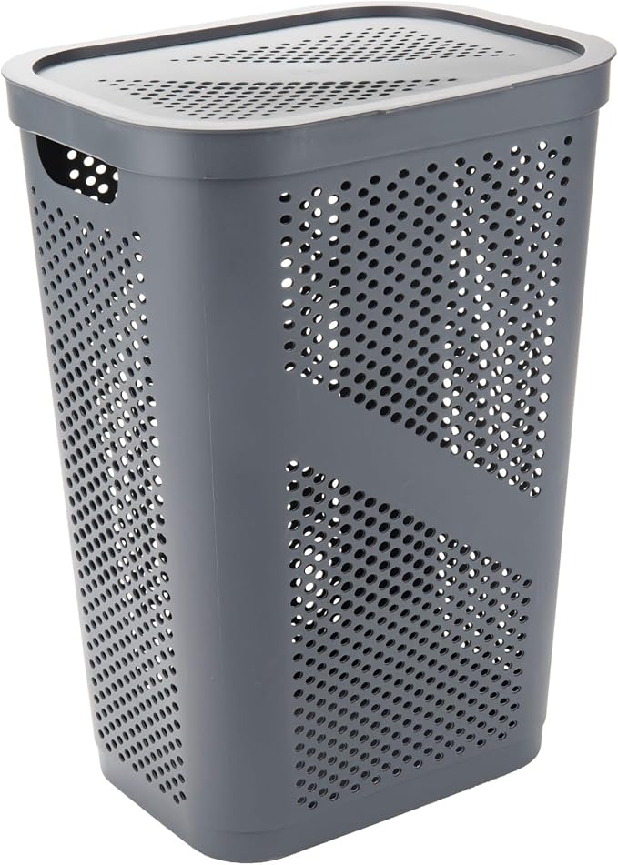 Mind Reader 60L Slim Laundry Hamper, Clothes Basket, Lid, Ventilated, Plastic, Set of 2, Gray - Image 6