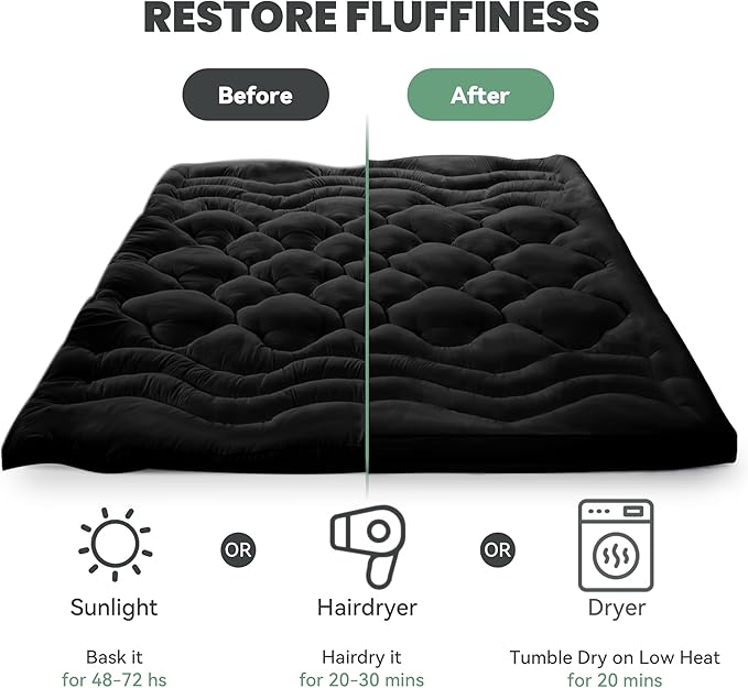 BDEUS Full Mattress Pad, Extra Thick 1450GSM Mattress Topper, Four Leaf Clover Soft Mattress Protector Cover with 21" Deep Pocket for Back Pain Relief, 3D+7D Down Alternative Fill Overfilled, Black