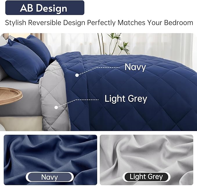 MUXHOMO 7 Pieces Queen Comforter Set, Reversible Bed in a Bag Queen Size, All Season Bedding Set with Comforter, Flat Sheet, Fitted Sheet, Pillowcases & Shams, Navy & Light Grey
