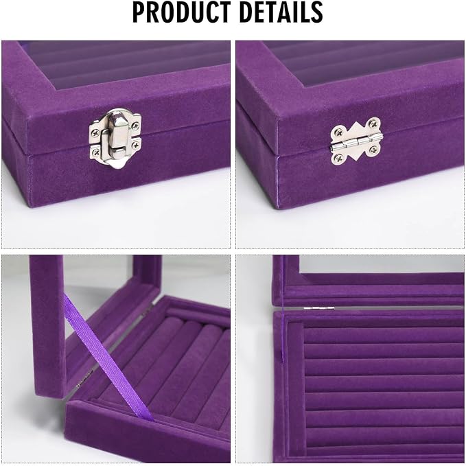 Vicoter Rings Organizer Tray 7 Slots Velvet Jewelry Earring Storage Box with Transparent lid Jewelry Display Case for Girls Wife Mom Women (Purple) - Image 4