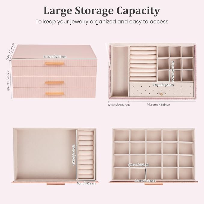 Dajasan Jewelry Box Organizer, 3-Tier Jewelry Storage Organizer with 2 Drawers, Large Jewelry Box for Girls Women, PU Leather Surface with Texture, Gift Idea, Modern Style (Pink) - Image 2