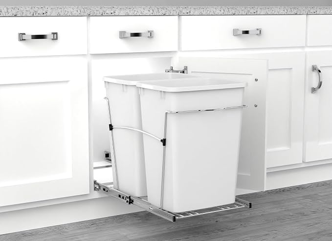 Rev-A-Shelf RV-18KD-11C S Double Pullout Trash Can for Kitchen Cabinets 35 Qt Garbage Recycling Bin on Full-Extension Slides, White - Image 6