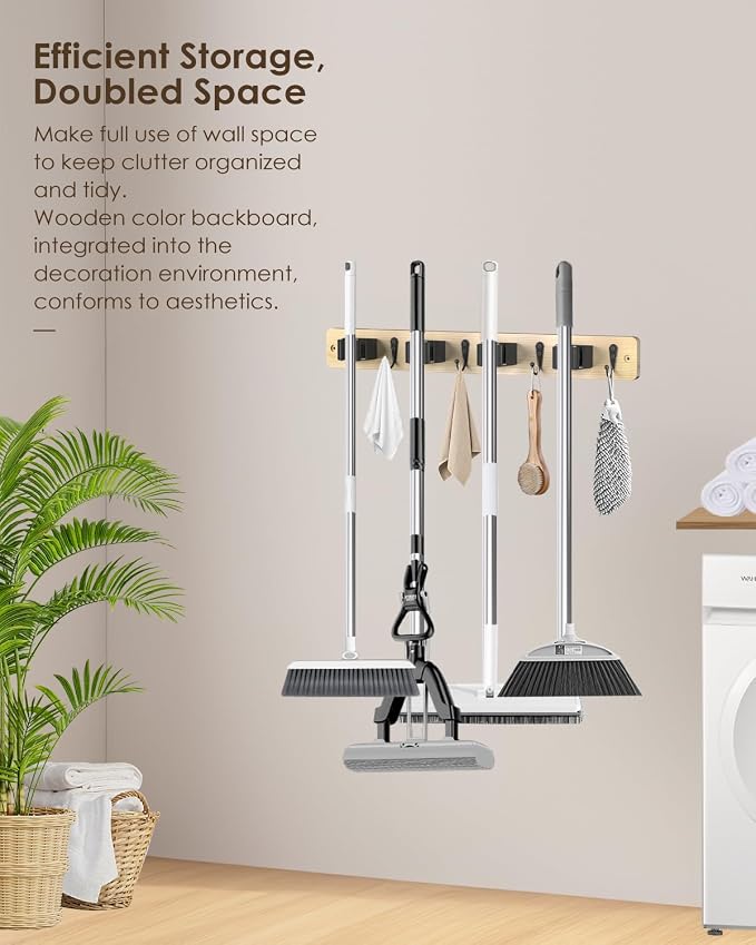 Broom Holder Wall Mounted, Light Wood 4 Holders and 4 Hooks Mop Holder, Wooden Mop and Broom Holder with Anti slip rubber, Natural pine wood Brush Holder, Mop Wall Holde with Nail installation - Image 5