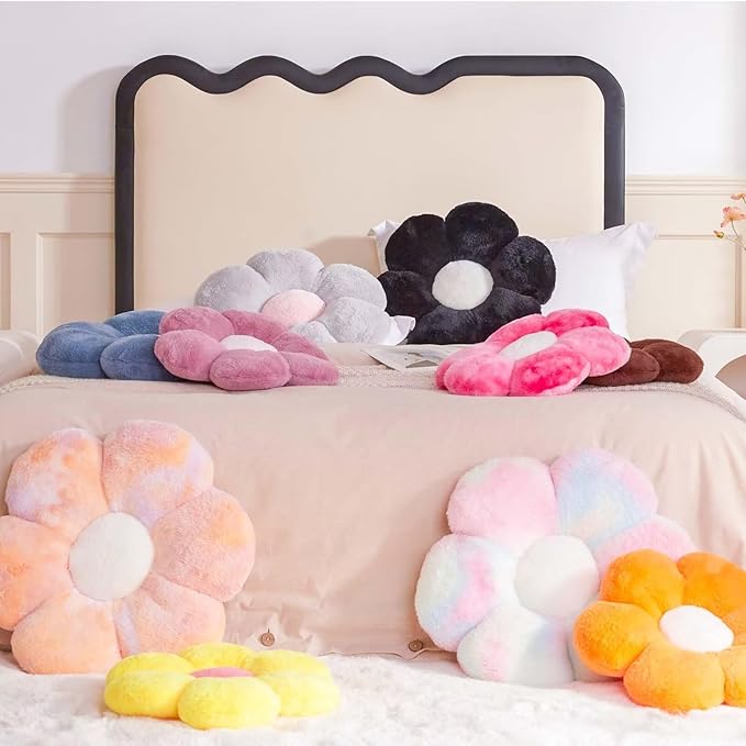 Kcvvcr Flower Pillow Cute Decorative Throw Pillow with Faux Rabbit Fur Soft Daisy Plush Floor Cushion Aesthetic Flower Shaped Pillow Home Decor for Bed Sofa Couch (Dusty Blue, 14.9 Inch)