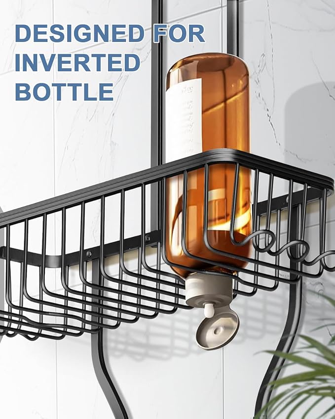 Shower Caddy Hanging - Never Rust Shower Hanging Organizer - Aluminum Over the ShowerHead Caddy with Soap Basket and 6 Hooks for Razor/Sponge (Black) - Image 5