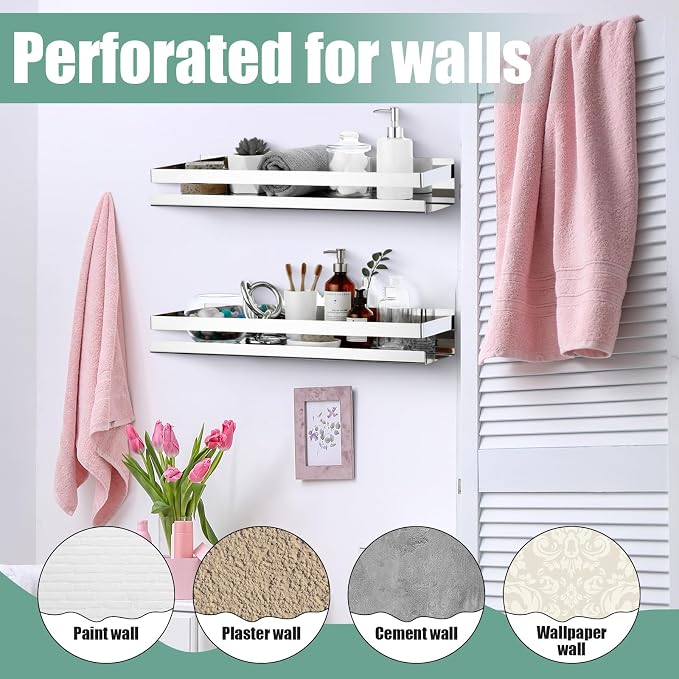 Lallisa 2 Pieces Stainless Steel Shelf Bathroom Shower Floating Shelves Wall Mounted Shower Caddy Basket Shelf Storage Organizer Shelves for Bathroom, Kitchen, Living Room (15.75 Inch/ 40 cm,Shiny) - Image 5