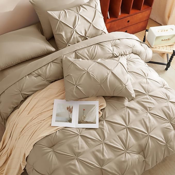 CozyLux King Size Comforter Set Khaki, 7 Pieces Pintuck Bed in A Bag Khaki Comforter King Size, Pinch Pleat Bedding Set with All Season Comforter, Sheets, Pillowcases & Shams