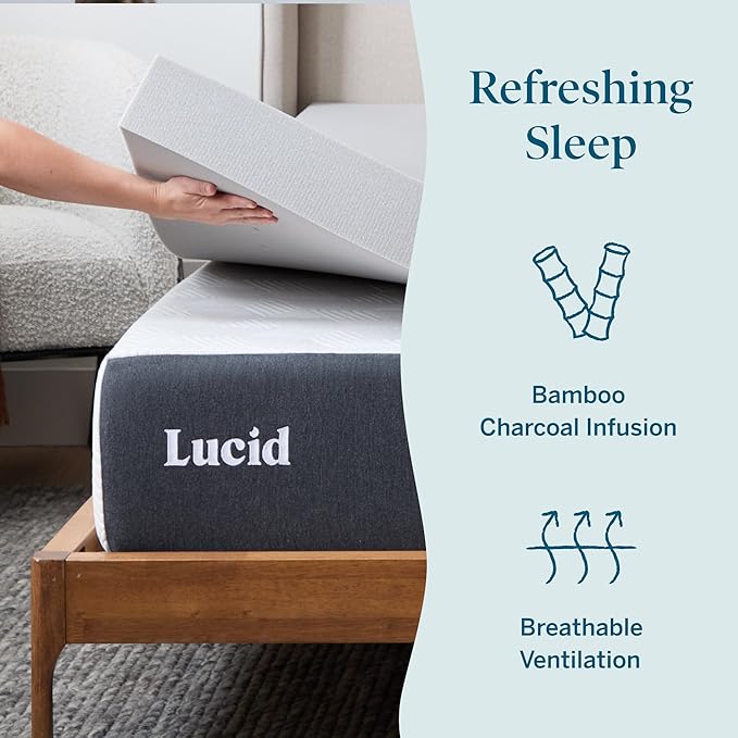 Lucid 4 Inch Bamboo Charcoal Infused Memory Foam Mattress Topper - Twin XL Size – Moisture and Odor Control - Ventilated - Ultra Plush Feel, Pressure-Relief Bed Topper – CertiPur Certified