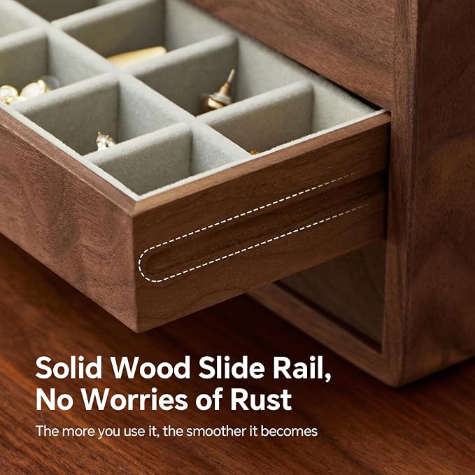 Wooden Jewelry Box for Women Men, Large Velvet Lined Organizer with 4 Drawers, Solid Black Walnut Brass Handles, Jewelry Storage Box for Rings, Necklaces, Earrings - Image 5