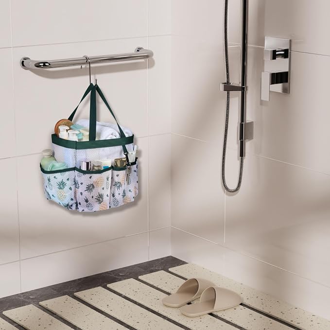 F-color Shower Caddy Portable - Mesh Shower Bag Basket Tote for College Dorm Room Essentials Bathroom Gym Camp Quick Dry for Women Men with S Hook, Green Pineapple - Image 8