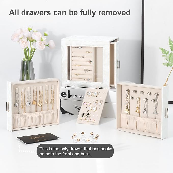 DesignSter Jewelry Box Organizer, Jewelry Box for Women, PU Jewelry Organizer Display Case with Side Drawers, Jewelry Storage for Earring Necklace Ring Bracelet Watch - Image 7