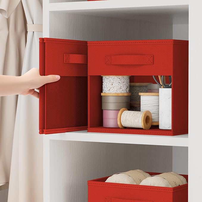 DIMJ Cube Bins, 12.2-Inch Storage Bins Cubes with Window, 6 Packs Collapsible Storage Bins with Handles, Closet Storage Baskets for Organizing Living Room, Office, 6 Pack,Red - Image 3