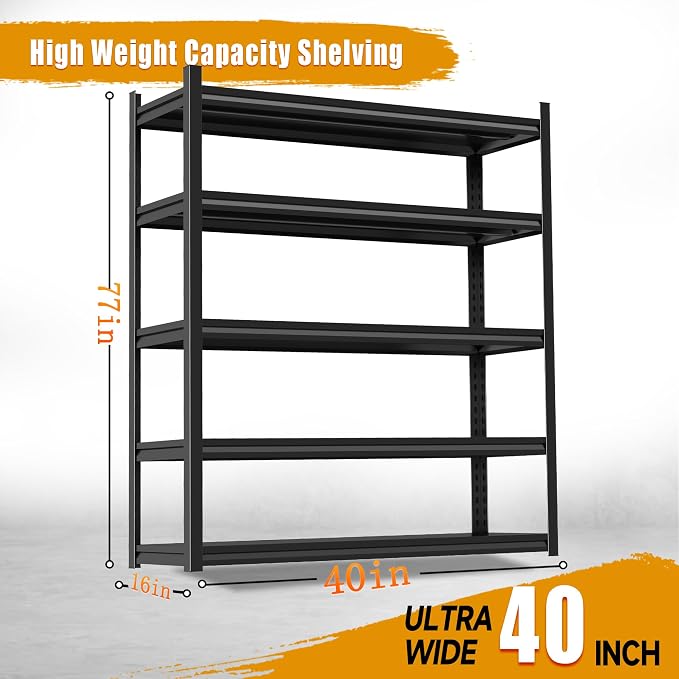 5-Tier Garage Shelving,77''H*40''W*16''D Metal Storage Shelf,2-in-1 Adjustable 3020 lbs Heavy Duty Shelves Unit,Upgraded Reinforced Double-Layer Columns for Garage Basement Kitchen Black - Image 3