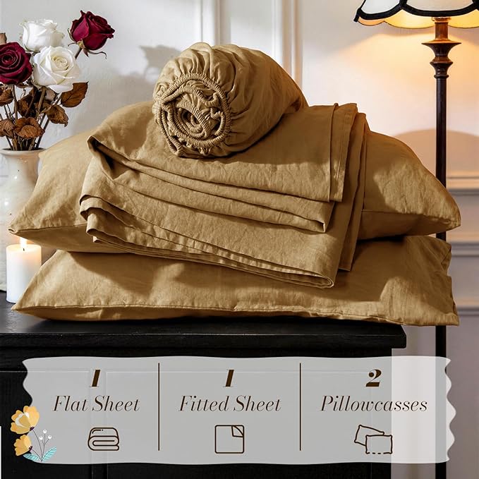 SONORO KATE 100% French Pure Linen Sheets, Breathable and Durable Linen King Size Sheets, Anti-Tear Linen Bed Sheets, Machine Washable, 16 Inch Deep Pocket - 4 Piece (Rust, King)