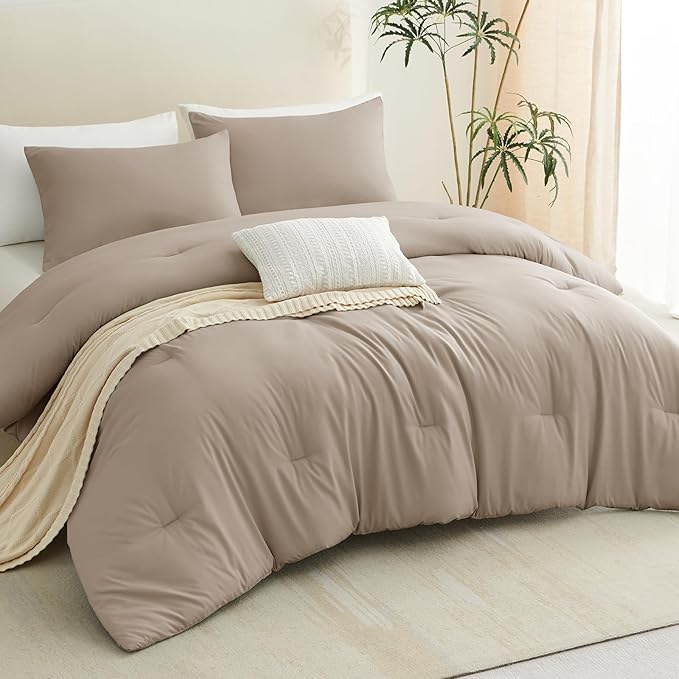 CozyLux Full Size Comforter Set Khaki, 3 Pieces Solid Breathable Quilted Bedding Sets, Luxury Lightweight Soft Bed Set with Down Alternative Comforter and 2 Pillowcases for All Seasons