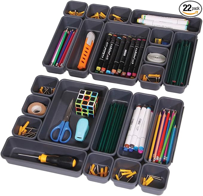 Set of 22 Interlocking Desk Drawer Organizer Tray Dividers Plastic Shallow Narrow Drawers Organizers Separators and Storage Bins Container for Kitchen Bathroom Makeup Office Vanity Bedroom Dresser by TENABORT