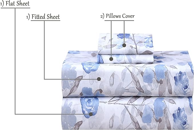 RUVANTI 100% Cotton Sheets – Full Size Percale Bedding, Cooling & Breathable Floral Design, Durable with a Crisp, Soft & Comfortable Feel, 16" Deep Pocket, 4-Piece Set, Monotones
