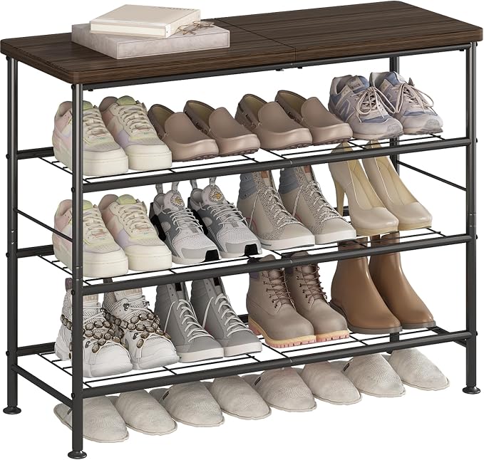 SUOERNUO Shoe Rack Organizer 4 Tier for Closet Entryway Free Standing Metal Storage Shoe Shelf with MDF Top Board，Black by SUOERNUO