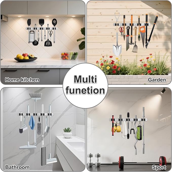 HANZENMA Broom Holder Wall Mount, Broom Organizer Wall Mount Stainless Steel Broom and Mop Hanger Heavy Duty Storage Organization for Home Kitchen Garden Garage Room 5 Racks 4 Hooks - Image 4