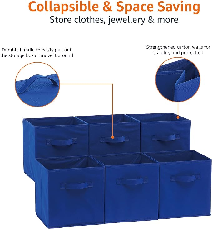 Amazon Basics Collapsible Fabric Storage Bins with Handles, Cube Organizer for Home Organization, 10.5"x10.5"x11", Navy, 6-Pack - Image 5