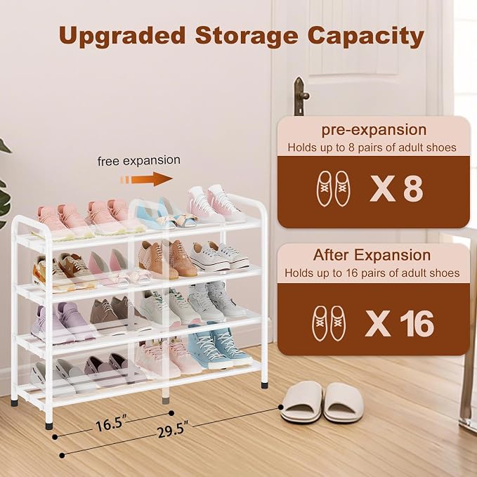 KANAV 4-Tier Expandable Shoe Rack, Heavy Duty Adjustable Metal Shoe Organizer for Closet, Entryway & Mudroom, Freestanding, Tool-Free Assembly, White - Image 2