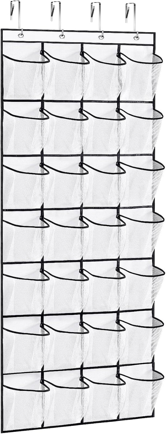VOPTON 28Large Pockets Over The Door Shoe Organizer, Hanging Shoe Organizer for Closet, Premium Clear Shoe Rack for Door, Shoes Hanger Organizers Storage Holder for Back of Door and 4Metal Hook White by VOPTON