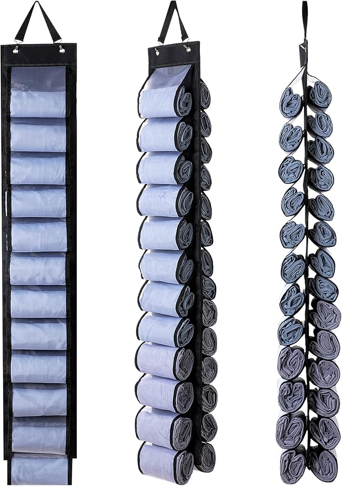 DHSFKBE Legging Organizer, Foldable Hanging Closet Organizer with 26 Roll Compartments for Yoga Clothes, Pants, Shirts (Black) by DHSFKBE