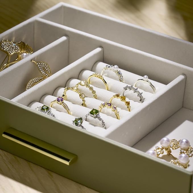 Jewelry Box Organizer Case for Women: 3-Layer Jewelry Storage Case with Glass Window, Olive Green Leather with Cream Velvet, Holder for Ring Necklace Bracelet Brooch Watch, Great Gift for Her - Image 7