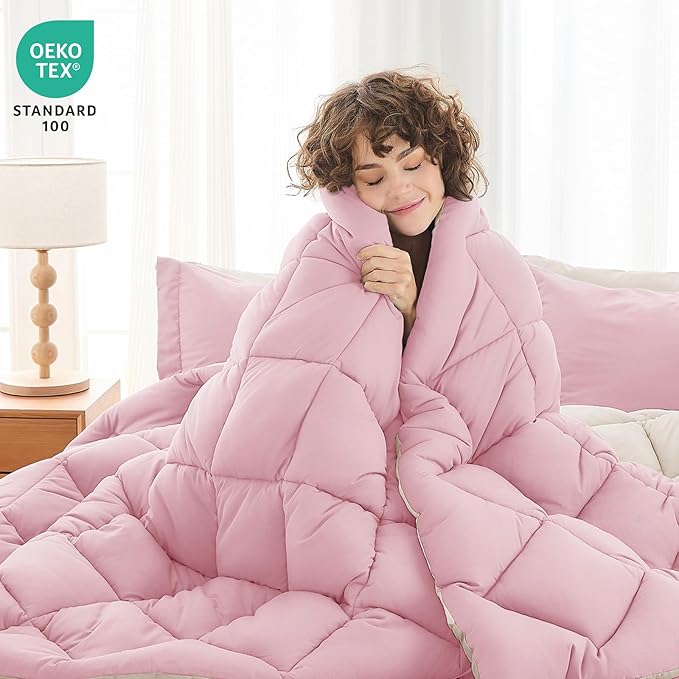MUXHOMO 5 Pieces Twin Comforter Set, Reversible Bed in a Bag Twin Size, All Season Bedding Set with Comforter, Flat Sheet, Fitted Sheet, Pillowcases & Shams, Light Pink & Ivory