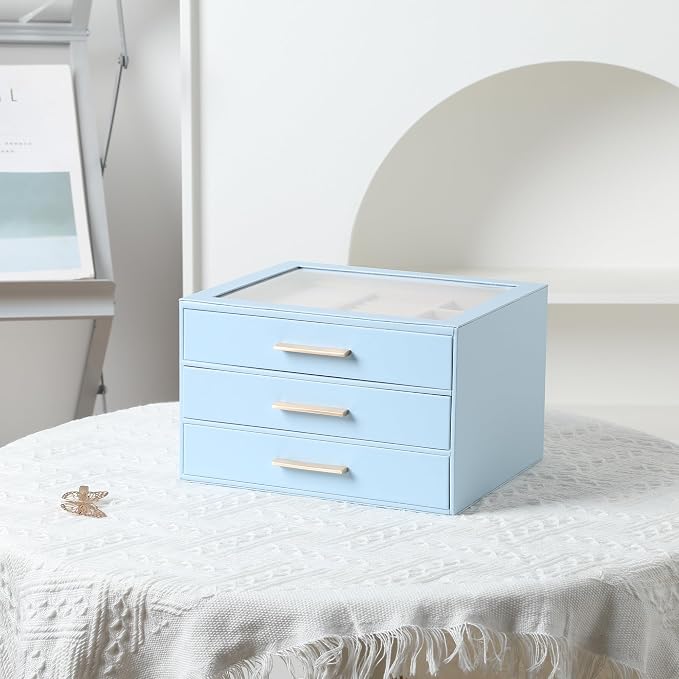 Frebeauty Clear Lid Jewelry Box,3-Layer Jewelry Organizer with Drawer,PU Leather Jewelry Organizers and Storage,Jewelry Boxes for Women,Jewelry Storage for Rings Earring Stud,Gift for Women(Sky Blue) - Image 6