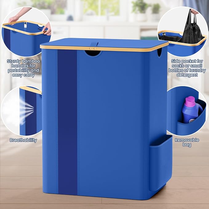 BlissTotes Laundry Basket with Lid, 150L Clothes Laundry Hamper with Handles and 2 Removable Laundry Bag, Breathable Design Hamper with Lid for Bedroom, Bathroom, Dorm, Laundry Room - Blue - Image 5
