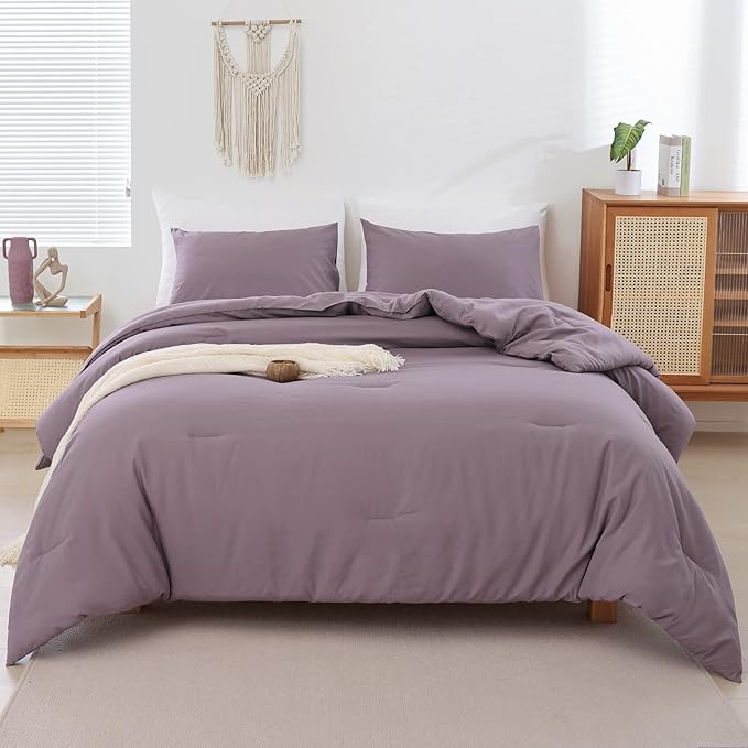 ROSGONIA Dusty Purple Comforter Set Queen, 3pcs (1 Boho Comforter & 2 Pillowcases) All Season Bedding Lightweight Bedspread Blanket Quilt Bed