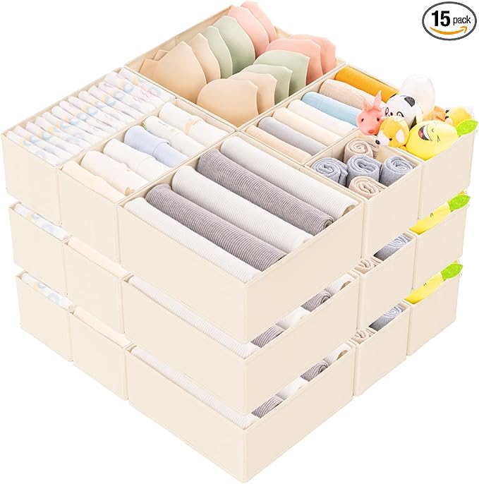 Criusia 15 Pack Drawer Organizer for Clothes, Foldable Dresser Dividers with 3 Sizes, Fabric Storage Bins – Beige by Criusia
