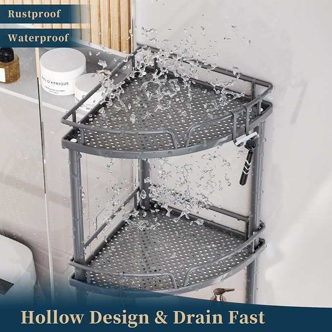 Consumest Corner Shower Caddy Stand - 3 Tier Shower Organizer with Soap Holder, Tall Floor Corner Shelf Standing with Adjustable Feet & 4 Hooks, Storage Rack for Bathroom Grey - Image 6