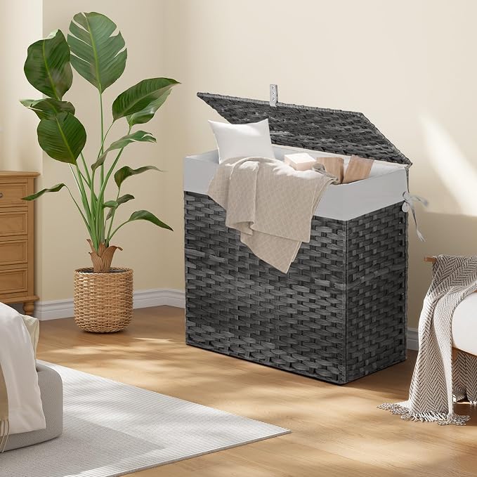 Greenstell Laundry Hamper with Lid, 125L Wicker Laundry Baskets with 2 Removable Liner Bags & 5 Mesh Laundry Bags, Handwoven Rattan Clothes Hamper with Handles for Clothes in Bathroom, Bedroom - Image 2