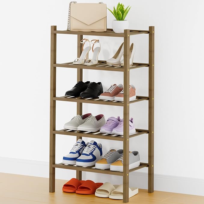 Smiry Shoe Rack, 5 Tier Thick Small Bamboo Shoe Organizer, Stackable Free Standing Wooden Shoe Storage Shelf for Closet, Entryway, Front Door Entrance, Walnut by Smiry