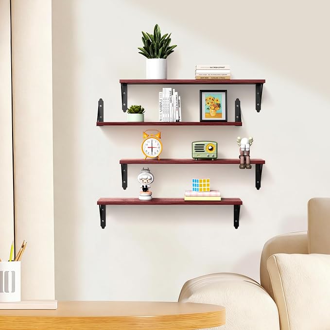 ROMGUAR CRAFT Wood Floating Shelves Set of 4, Rustic Storage Decor Wall Shelves, Wall Mounted Shelf for Living Room, Bedroom 23.6" x 6", Red - Image 5