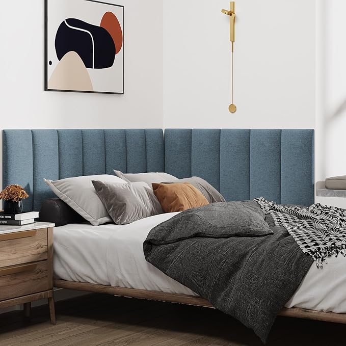 IFNOW Upholstered Wall Mounted Headboard, 3D Soundproof Wall Panels Peel and Stick for Queen Size, Reusable and Removable Tufted Bed Headboard in Dusty Blue (9 Panels, 10" x 24")