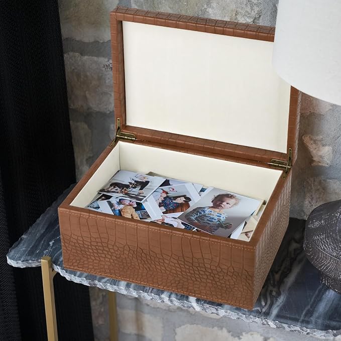 HofferRuffer Faux Leather Decorative Box, Large Wooden Structure Keepsake Box Accessory Organizer Jewelry Organizer with Hinged Lid, Storage Container for Home or Office (CrocoBrown) - Image 6