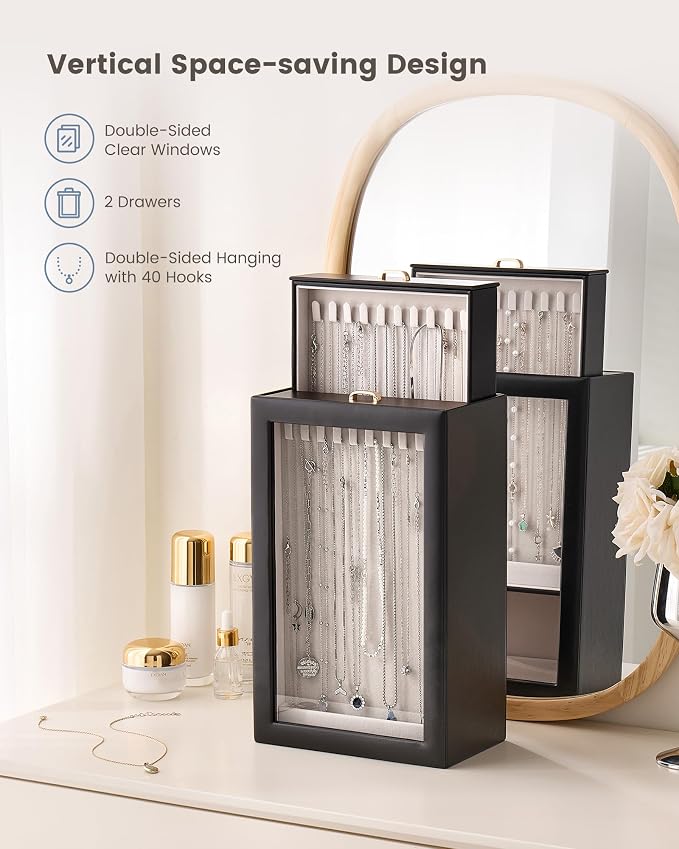 Lolalet Upgraded Double-Sided Hanging Necklace Organizer Box, Jewelry Display Case with Double-Sided Clear Window for Necklaces Bracelets, Tangle-Free Necklace Storage Box, Mothers Day Gift - Image 2