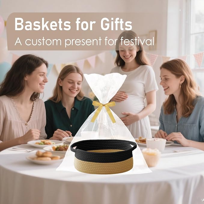 JMvicyroam Woven Basket,Small Rope Storage Bin with Handles & Ribbon Bag, Organizer for Shelves Closets,Gift Basket Empty for Birthday,Books,Dog Toys, Black&Jute - Image 4